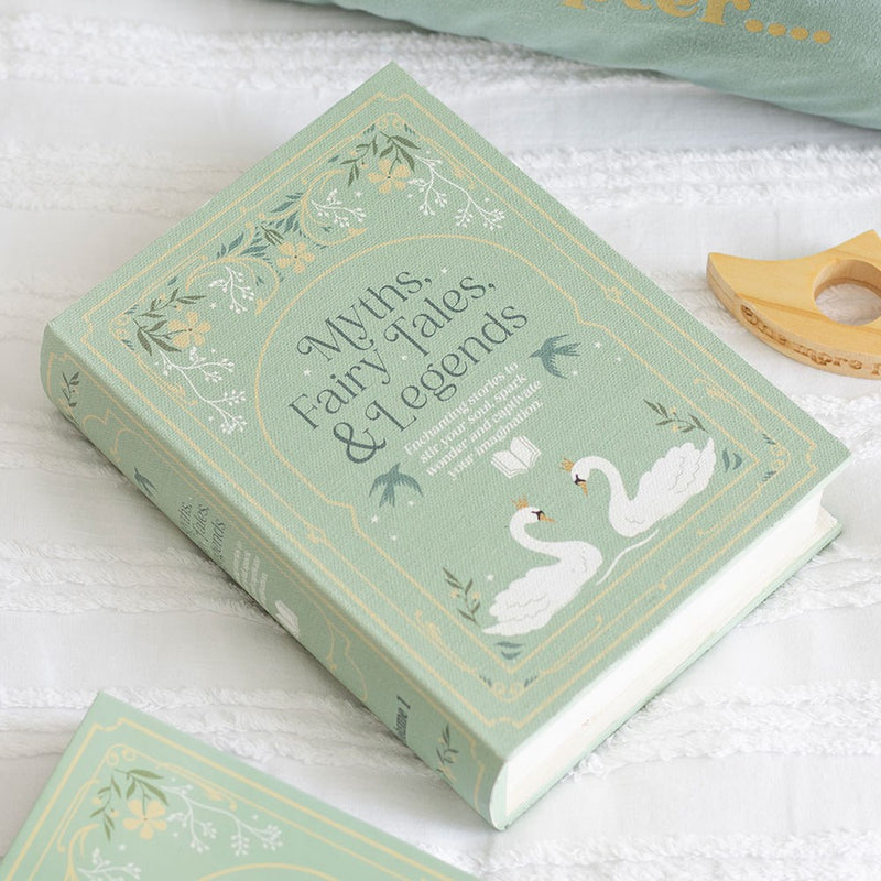 Green book shaped storage box with Myths Fairy Tales and Legends cover design