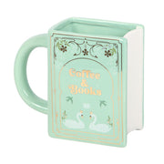 Front view of green ceramic Coffee and Books book shaped mug