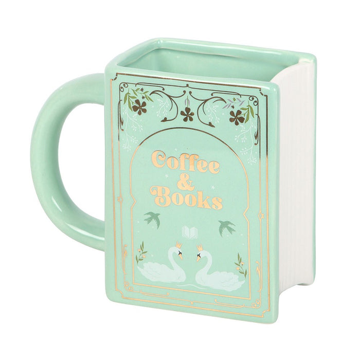 Front view of green ceramic Coffee and Books book shaped mug