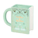 Front view of green ceramic Coffee and Books book shaped mug