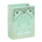 Upright green ceramic book vase with decorative literary cover design