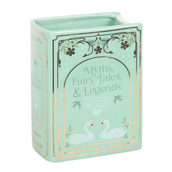 Upright green ceramic book vase with decorative literary cover design