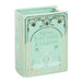 Upright green ceramic book vase with decorative literary cover design