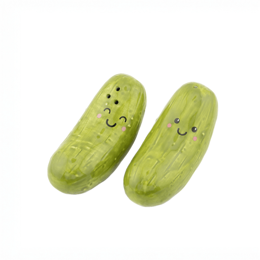 Set of two green pickle-shaped salt and pepper shakers with smiling faces