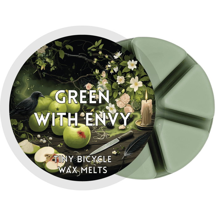 Green With Envy wax melt label with green apples, raven and candle; green apple, jasmine and vanilla home fragrance wax melts