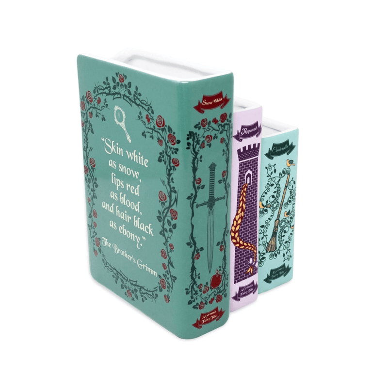 Side view of Snow White book vase spine with quote and sword motif