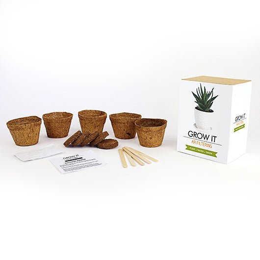 Grow It Air Filtering Aloe vera plant kit contents with pots, compost discs, seeds and markers on white background