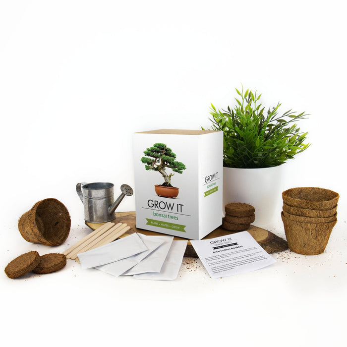 Grow It Bonsai Trees kit displayed with fibre pots, compost discs, watering can and plant