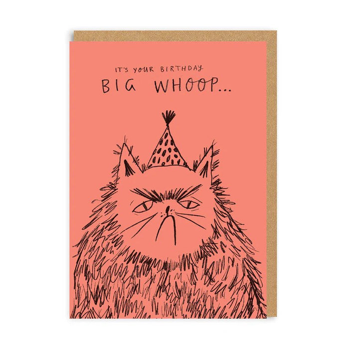 Coral funny birthday card with grumpy cat in party hat; text reads It’s your birthday – Big Whoop; A6 with kraft envelope