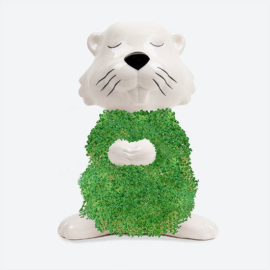 Close up of ceramic Hairy Beaver chia planter with lush green coat on white background