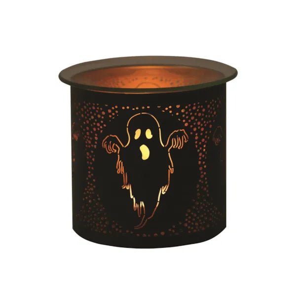 Black Halloween wax melt burner with ghost cut-out and glass top

