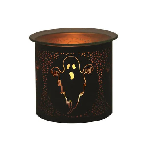 Black Halloween wax melt burner with ghost cut-out and glass top

