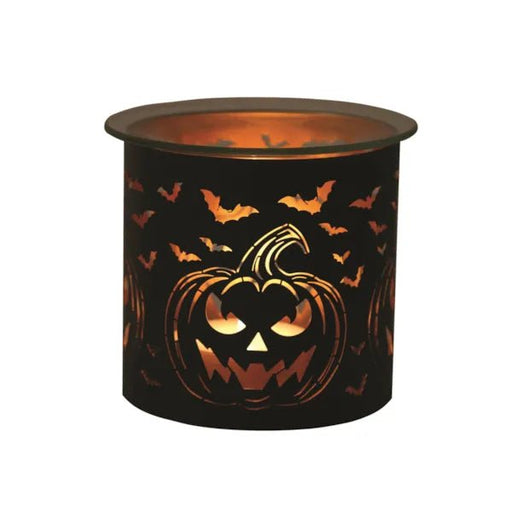 Halloween wax melt burner with pumpkin and bat cut-out design and glass top

