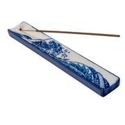 Handpainted ceramic Great Wave incense holder in blue and white with stick incense