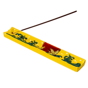 Handpainted ceramic Moon Crane incense holder in yellow with red moon and crane design