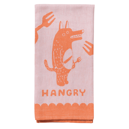 Hangry dish towel folded, orange wolf design with Hangry text, 100% cotton.