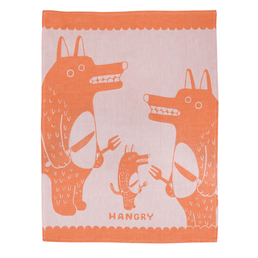 Hangry Blue Q dish towel, orange woven wolves design, full view on white background.