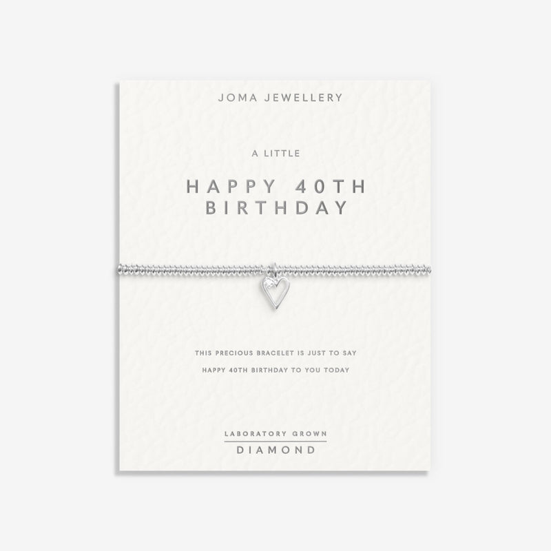 Sentiment card reading ‘A Little Happy 40th Birthday’ with bracelet attached
