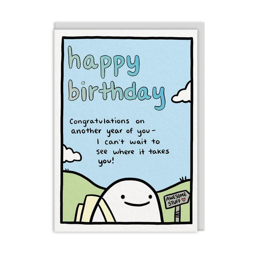 Pastel blue birthday card reading “happy birthday… another year of you”; cute hillside character; A6 with white envelope