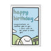 Pastel blue birthday card reading “happy birthday… another year of you”; cute hillside character; A6 with white envelope