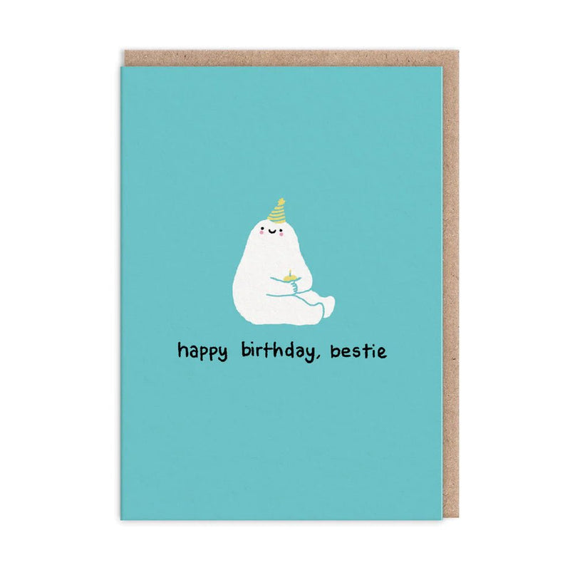 Cute best friend birthday greeting card – teal cover with smiling character and kraft envelope, A6, text reads happy birthday, bestie