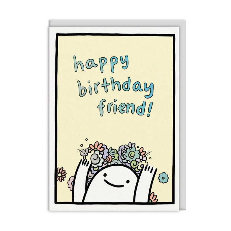 Pastel birthday card reading happy birthday friend with a smiling character and flowers, A6 with white envelope
