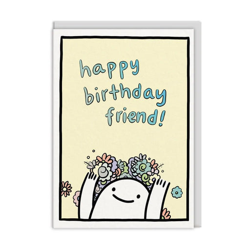 Pastel birthday card reading happy birthday friend with a smiling character and flowers, A6 with white envelope