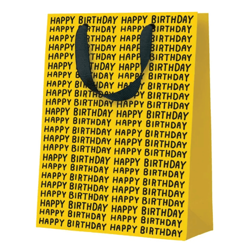 Yellow Happy Birthday Repeat small gift bag by Ashkahn with black handles