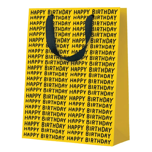 Yellow Happy Birthday Repeat small gift bag by Ashkahn with black handles
