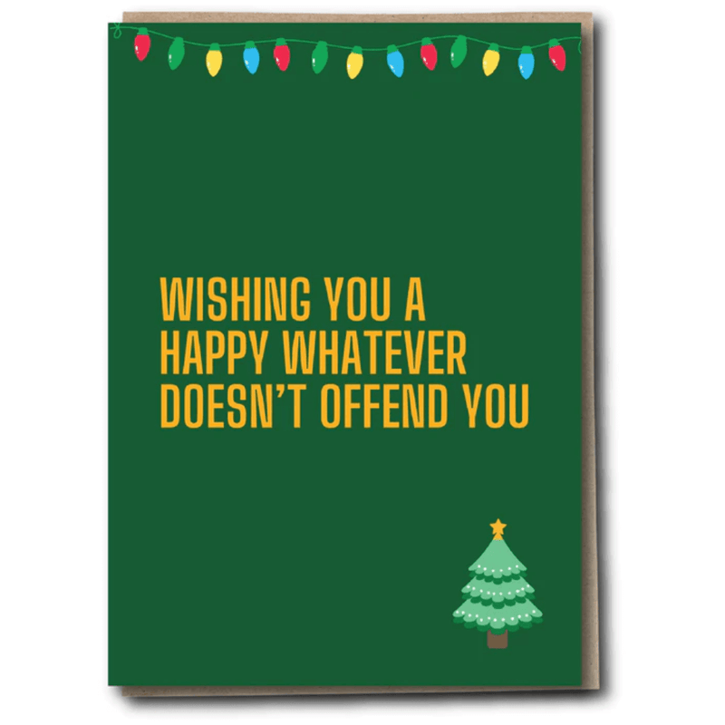 Green funny Christmas card with string lights and wording wishing a happy whatever does not offend you.