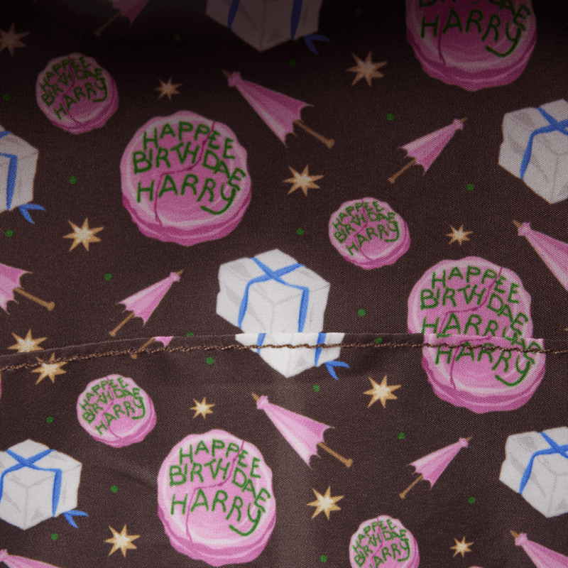 Harry Potter birthday cake and present print lining inside Loungefly crossbody bag