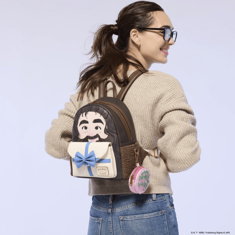 Model wearing Loungefly Harry Potter Hagrid Birthday Cake Mini Backpack