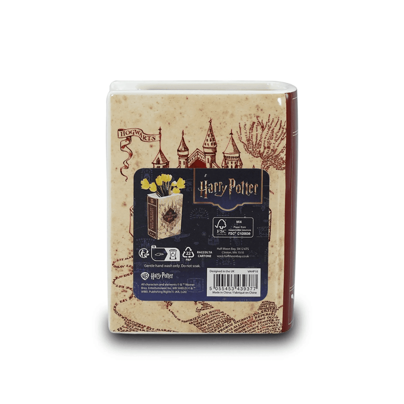 Back of Harry Potter Marauder’s Map ceramic book shaped vase showing product label