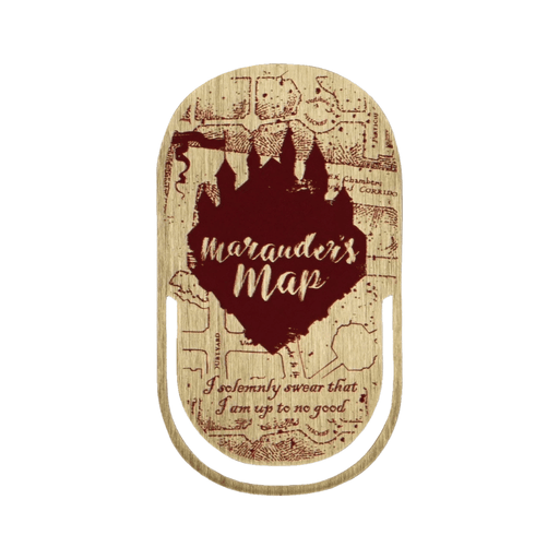 Close up of Harry Potter Marauder’s Map metal bookmark with gold and burgundy design