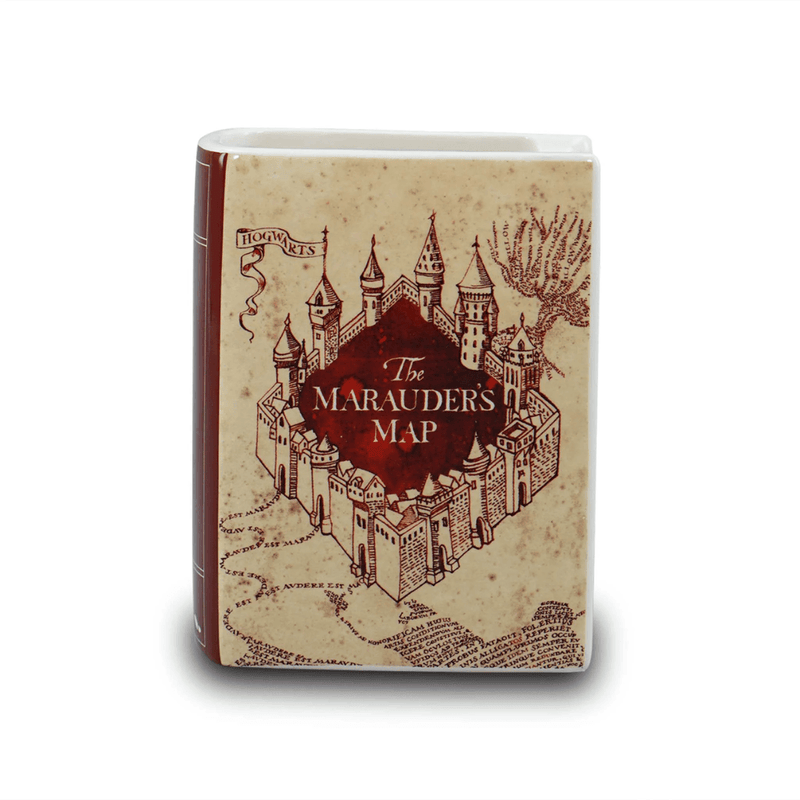 Front view of Harry Potter Marauder’s Map ceramic book shaped vase with Hogwarts artwork