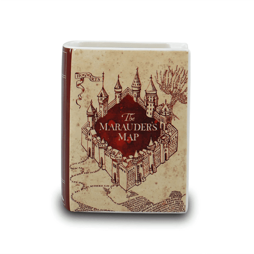 Front view of Harry Potter Marauder’s Map ceramic book shaped vase with Hogwarts artwork