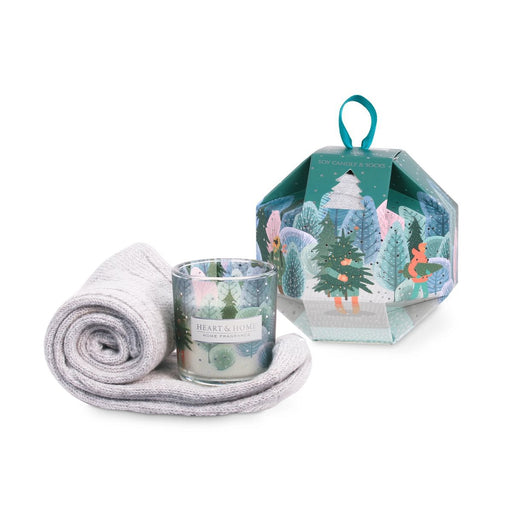 Heart & Home Christmas Tree candle and socks gift set with illustrated octagonal box, grey cosy socks and mini candle in winter forest glass.