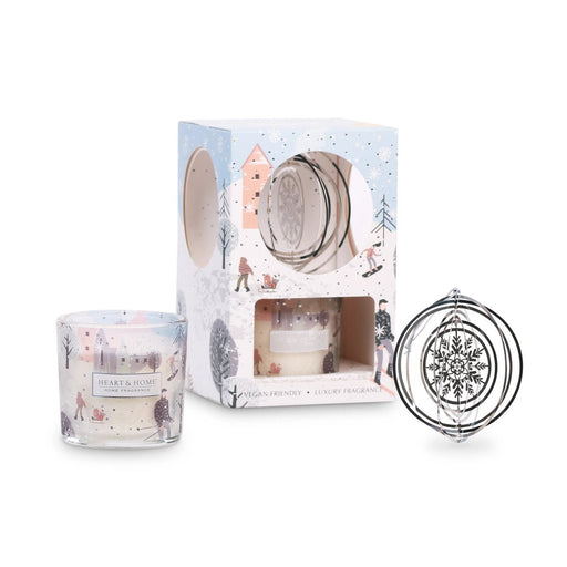 Heart & Home Snowflake Sparkle gift set with mini candle in winter scene glass and silver spinning tree decoration, presented in illustrated box.