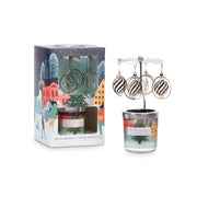 Heart & Home Mini Candle & Carousel gift set showing illustrated box, mini candle and silver carousel with hanging bauble charms.
