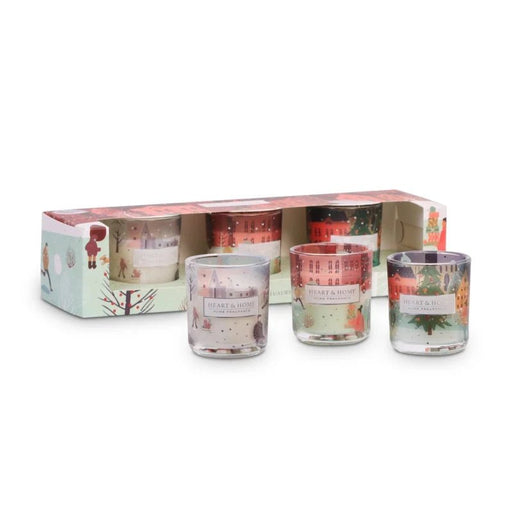 Boxed Heart & Home Mini Candle Collection showing three festive votive candles—Baubles & Berries, Christmas Magic and Snowflake Sparkle.