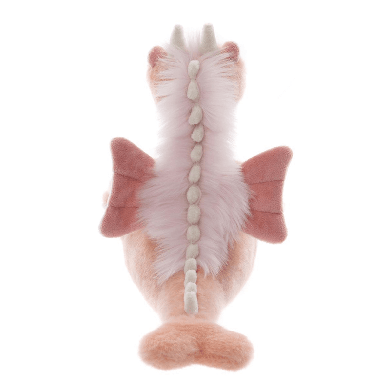 Back view of Hearts pink dragon plush from Bearhouse by Charlie Bears 2025 on a white background, showing fluffy mane, wings and stitched spine