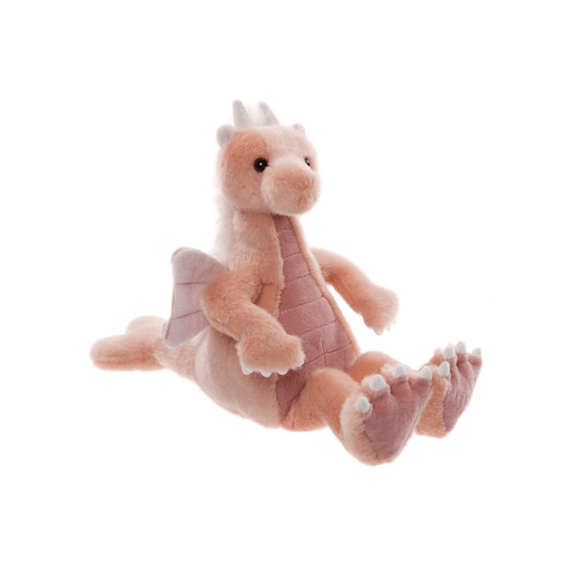 Hearts pink dragon plush from Bearhouse by Charlie Bears 2025 seated on a white background, with soft wings, horns and pink tummy panels