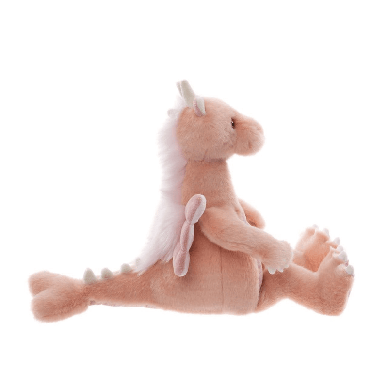 Side view of Hearts pink dragon plush from Bearhouse by Charlie Bears 2025 on a white background, showing tail, wings and fluffy mane