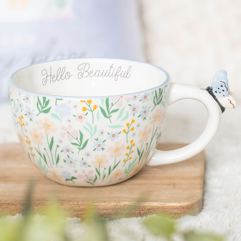 Hello Beautiful Ditsy Floral Print Mug with Butterfly - Something Different Gift Shop