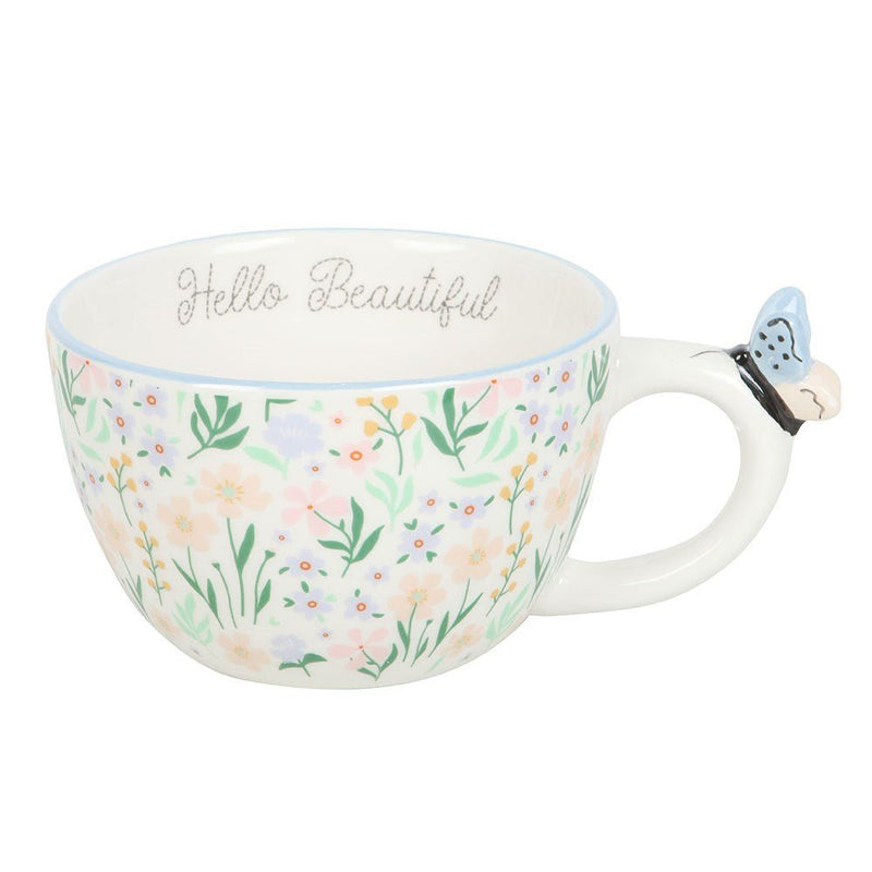 Hello Beautiful Ditsy Floral Print Mug with Butterfly - Something Different Gift Shop