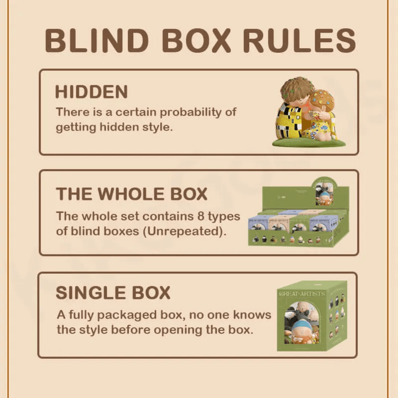 Hello The Great Artists Series Blind Box rules showing hidden design and box details