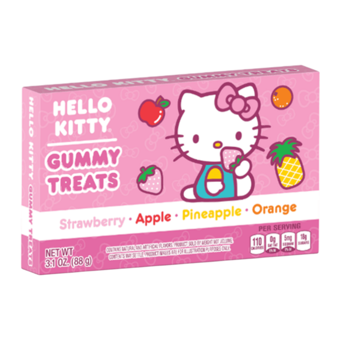 Hello Kitty fruit gummy treats theatre box 88g with strawberry apple pineapple and orange flavours