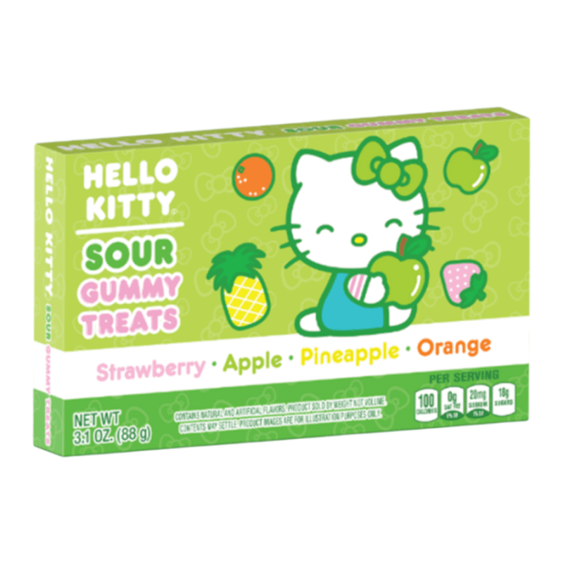 Hello Kitty Sour Gummy Treats Theatre Box 88g with strawberry apple pineapple and orange flavours