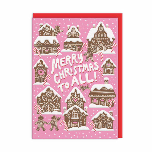 Pink Christmas card with embossed gingerbread houses and icing text “Merry Christmas to All”; A6, blank inside, red envelope by Hello!Lucky