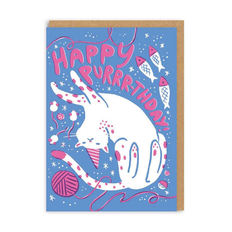 Blue cat birthday card with playful white cat and text Happy Purrr-thday; bold pink accents; A6 with kraft envelope